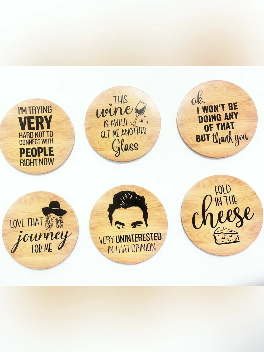 Schitts Creek Set of 6 Round Wood Drink Coasters – with Holder
